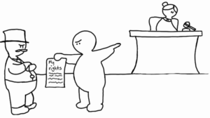 Cartoon-style blob person holding a paper labeled ‘My rights’ while facing a stern-looking man in a suit. A judge sits at a bench in the background.