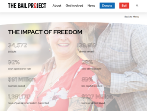 A screenshot from the Bail Bond Project website showing a set of impact stats including "Clients Supported", "Court Appearance Rate: 92%" and "$91M Cash Bail Posted" and "$107M Taxpayer Dollars Saved"