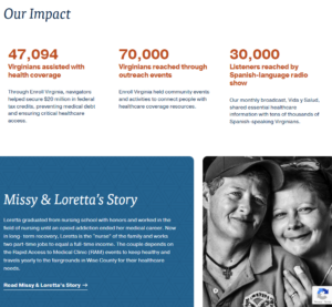 A screenshot from Virgina Poverty Law Center showcasing "Missy and Loretta's Story" with a set of statistics about the number of people helped by the Health Coverage and Access program